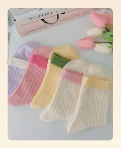 Women summer breathable mesh mid-calf socks pure cotton sweet candy color hollow long socks
