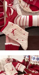 Cozy winter Christmas red socks for women, thick thermal knit stockings with cute bow and polka dots.