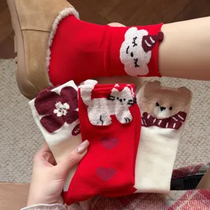 Women Winter Warm Mid-Calf Socks Thickened Plush Cartoon Cat Bear Bow Cute Festive New Year Red Cotton Socks Casual Hosiery