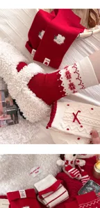 Red Christmas winter warm wool socks for women, thick cashmere cozy thermal long hosiery.