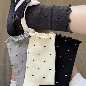 Lettuce edge polka dot slouch socks for women, cute Japanese ballet style thin summer crew socks.