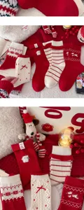 Cozy winter red and white knit Christmas socks, thick warm thermal holiday stockings for women.