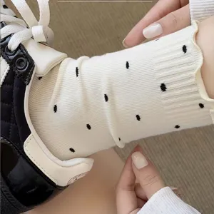 Ruffled polka dot slouch socks for women, trendy Japanese style cotton mid tube socks for summer thin wear.