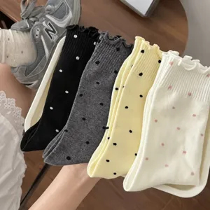 Ruffle polka dot mid-calf socks for women, sweet Japanese ballet core cotton hosiery.