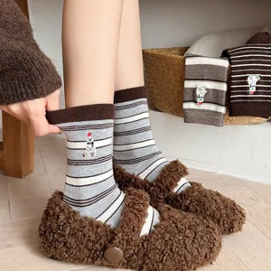 Cute embroidered polar bear women socks with retro color block stripes mid tube cozy main item view