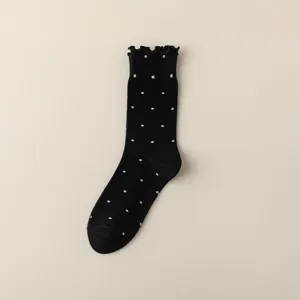 Women Ruffled Polka Dot Mid Tube Socks Black Cotton Japanese Style Casual Cute Long Socks
