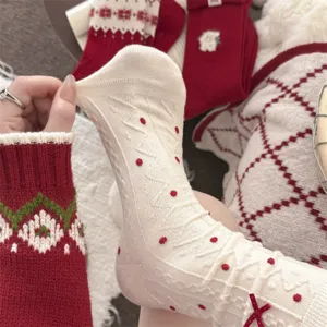 Women wool red socks winter warm thick knitted cute bow vintage cozy long hosiery stylish