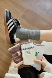 Japanese cute cartoon embroidered mid-tube socks, soft breathable cotton daily casual wear.