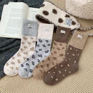 Autumn winter Korean style color-block leopard print wool women's mid-tube retro cute thick socks