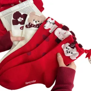 Red fuzzy Christmas socks for women cute cartoon cat bowknot thermal winter crew socks
