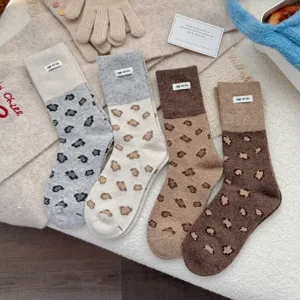 Korean style thick wool blend winter crew socks with chic leopard pattern, cozy and warm.