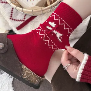 Thickened red wool winter socks for women with cute animal pattern and bow, warm thermal.