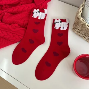 Red cute cat fuzzy crew socks for women winter warm lucky new year novelty cartoon heart hosiery