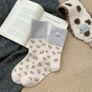 Korean style contrast color leopard print wool winter socks soft warm vintage mid tube socks