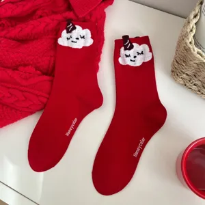 Red women mid-tube socks featuring cute cloud embroidery, ideal for festive New Year wear.