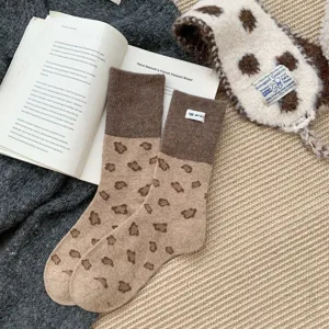 Korean color-block leopard print wool women socks with tag, warm cozy winter mid-calf hosiery.