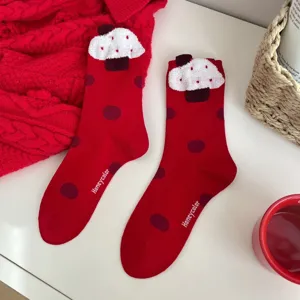 Cozy red plush polka dot women socks with cute mushroom top for winter and new year gifts.