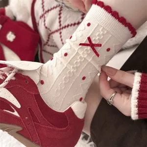 Women red thermal wool long socks for autumn winter, cute bow polka dot cozy knitted hosiery.