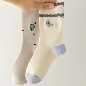 Japanese style cute cartoon embroidered crew socks for women, sweet and stylish daily wear.