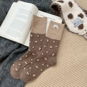 Korean style retro leopard print wool mid-tube socks for women, cozy and warm winter socks.