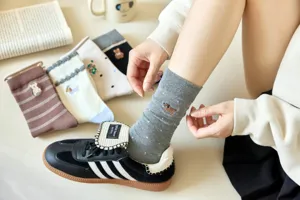 Cute embroidered dog cotton crew socks, Japanese style college aesthetic, soft breathable fabric.