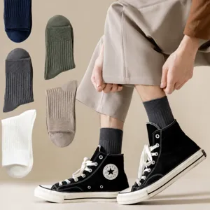 Men ribbed crew socks casual business cotton solid color breathable comfortable daily wear