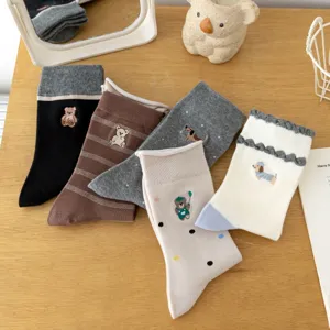 Cute cartoon bear dog embroidery cotton mid-tube socks, Japanese style soft college socks