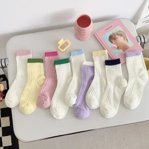 Women cotton mid-calf socks candy color ribbed design flat lay summer breathable h
