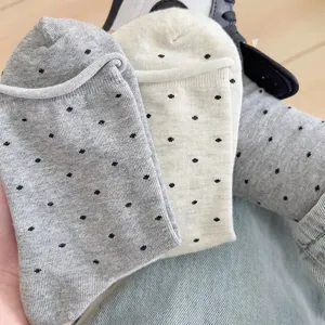 Cute polka dot mid-calf socks for women cuffed casual cotton socks grey and beige set