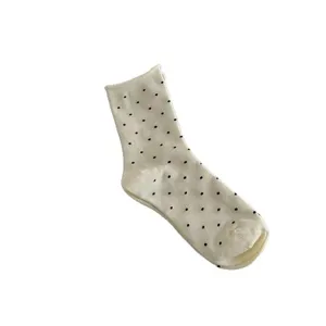 Women cute polka dot mid-calf socks white cotton blend casual sweet hosiery for daily summer wear