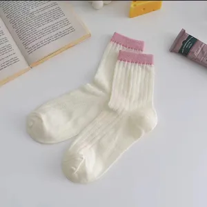 Women summer breathable mesh mid-calf socks pure cotton sweet style hollow thin solid color
