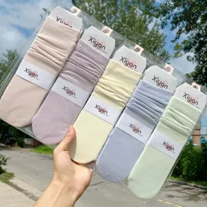 Women slouch socks solid color long cotton casual cute pastel college style 5 pairs pack