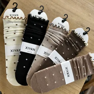 Women ruffle cuff polka dot socks cute sweet college style stacked tube cotton hosiery