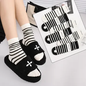 Women autumn winter striped stack socks with black plush fluffy slippers casual cute footwear