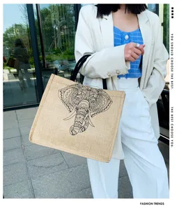 Canvas linen tote bag with elephant mandala print, large capacity casual shopping handbag.