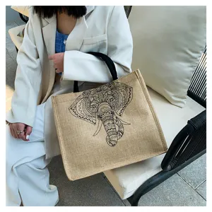 Cotton linen tote bag with ethnic elephant print, casual daily shopping handbag for women.