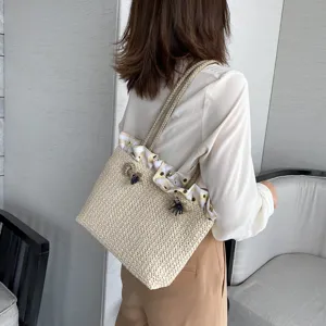 Women Summer Straw Woven Bucket Bag Casual Large Capacity Shoulder Crossbody Bag Vacation Beach Tote Bag