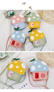 Kids cute mushroom house crossbody bag, colorful PU leather shoulder bag for little girls daily.