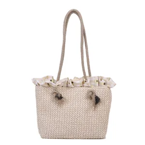 Women summer straw woven tote bag casual beach shoulder bag large capacity vacation handbag