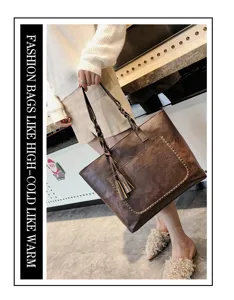 Winter new women PU leather tote bag large capacity shoulder handbag with tassel pendant