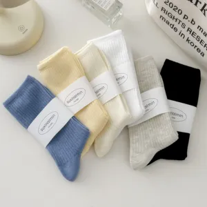 Detailed flat lay view of stylish Japanese ribbed crew socks in assorted creamy colors display.