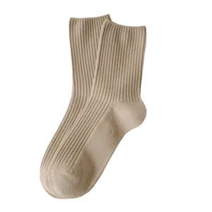 Calzini a coste beige a metà polpaccio da donna, calze di cotone tinta unita casual comode.