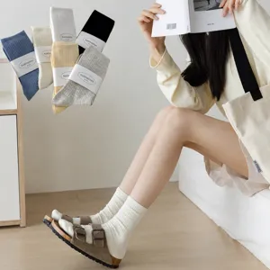Japanese style solid ribbed cotton crew socks multi-color set comfortable daily wear