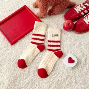 Dames dikke pluche thermische sokken rood wit gestreept gezellige warme winter sokken