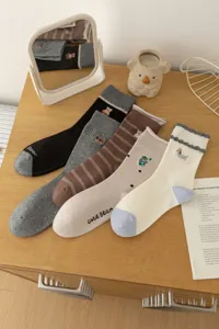 Japanese embroidered cartoon crew socks for women, cute bear design, cozy autumn hosiery.