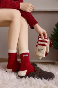 Detailopname van gezellige rode en witte gevoerde wollen sokken met schattig label.