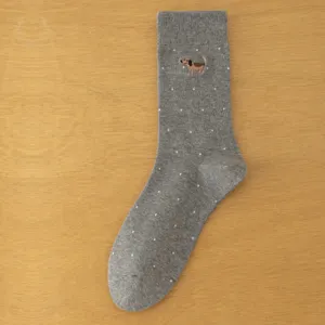 Grey crew socks for women featuring cute white polka dots and sweet embroidered puppy design.