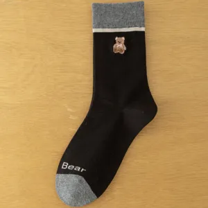 Japanese cute cartoon bear embroidery mid-tube socks, autumn casual black cotton socks for women.