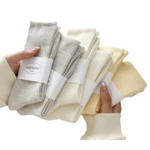 Japanese style cream vertical stripe women socks ins trendy combed cotton mid tube socks