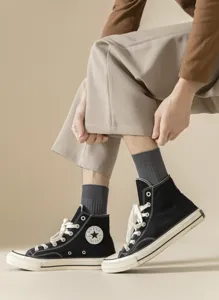 Men's solid color ribbed mid-calf cotton socks, classic casual daily wear, comfortable breathable.